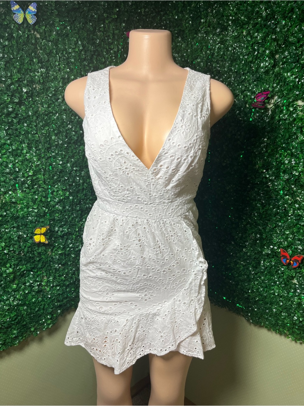 Japna White Eyelet Wrap-Style V-Neck Mini Dress